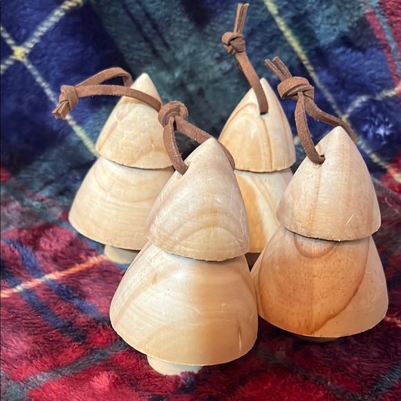 Other - Wooden Tree Ornaments with Leather Ties set of 4